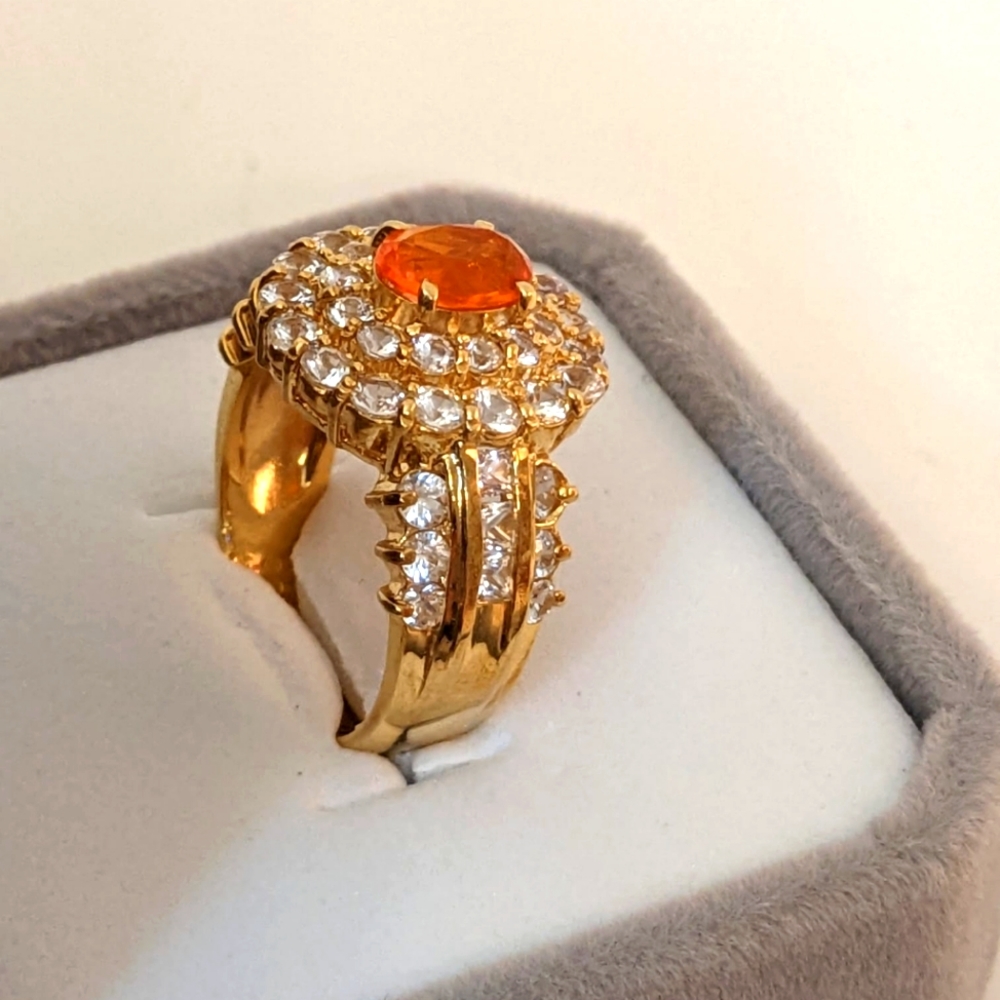 18K Yellow Gold Fire Opal Sapphire Halo Cocktail Ring - Picture 15 of 16